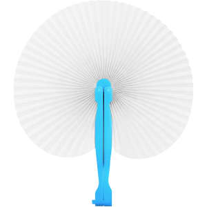 A peach-shaped plastic paper fan with a light blue handle and a white, pleated fan surface.