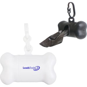 A bone-shaped pet waste bag dispenser in white with a black version, featuring a clip for easy attachment.