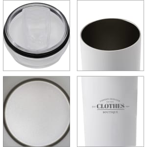 A drink bottle featuring a white double-wall stainless steel design, a clear lid, and an interior finish.
