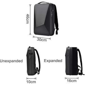 An expandable hardshell backpack in black, displayed in both unexpanded and expanded forms, with dimensions shown.