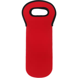 A drink bottle cooler in bright red with a handle, featuring a black border and a branding logo.