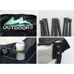 A foldable portable camping chair in black and beige, featuring a drink holder and a logo. The legs are neatly folded.