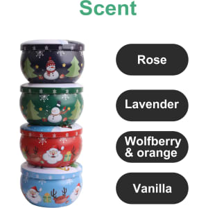A set of four tin candles in green, red, blue, and white, each featuring festive designs and distinct scents.