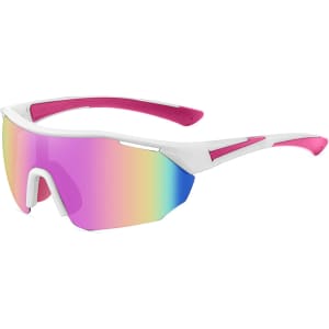 Sports cycling sunglasses in white and pink, featuring a large lens with a gradient rainbow finish and a sporty design.