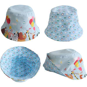 A light blue bucket hat featuring playful animal illustrations and a festive design. Includes branding on the side.