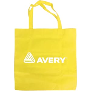 A yellow non-woven foldable bag featuring a logo on the front and two shoulder straps.