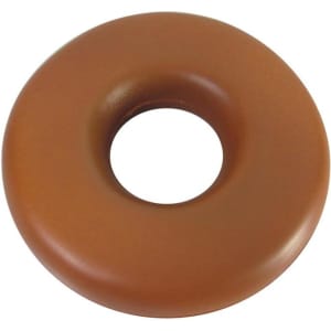 A brown donut-shaped stress reliever with a smooth texture and a central hole, featuring a logo.