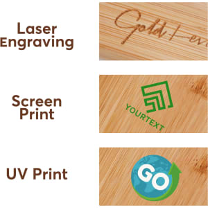 Three sections of a bamboo surface showcasing different printing techniques: laser engraving, screen print, and UV print.
