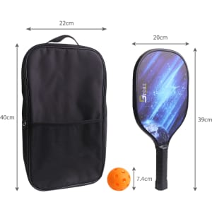 A wooden pickleball set featuring a paddle, a ball, and a black carry bag. The paddle has a blue design.