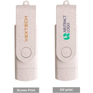 A double-end eco swivel Type C flash drive in grey with branding options. Features two printing styles.