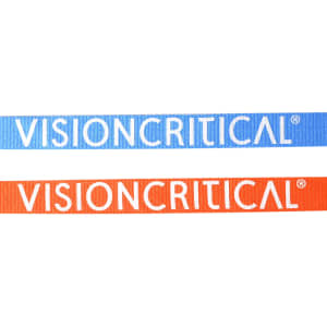 Two poly ribbed lanyards, one in blue and the other in orange, both featuring a logo.