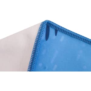 A microfibre beach towel featuring a blue design with stitched edges. It has a logo present.