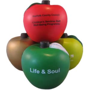 A collection of apple-shaped stress relievers in red, green, gold, and yellow, featuring different logos.