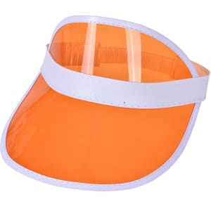 An orange PVC sunscreen hat with a white band and a clear visor. It features a logo on the band.