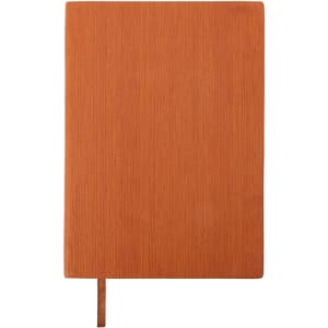 A colour changing PU leather notebook in a warm orange shade with a textured finish and a ribbon bookmark.