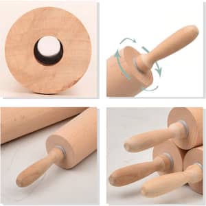 A wooden rolling pin with a smooth, light wood finish, featuring a centred handle and a logo on one side.