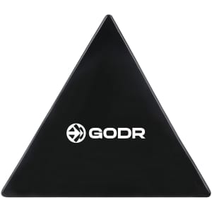 A black triangular sticky nano rubber pad with a logo on one side.