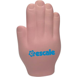 A pink palm-shaped stress reliever with a logo, designed for stress relief and fun.