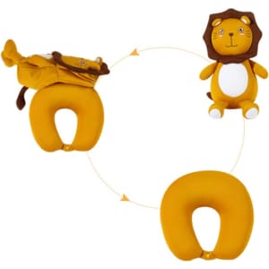 A lion-shaped, yellow plush travel pillow transforms into a cute stuffed toy, featuring a friendly face and a mane.