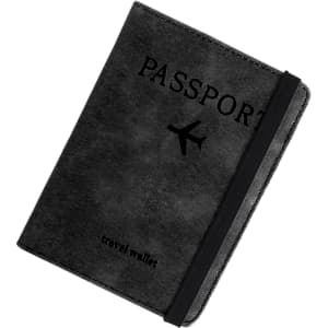 A black RFID multifunctional PU leather passport holder with an elastic band and logo on the front.