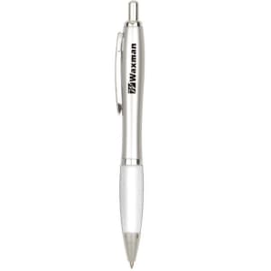 A sleek silver metal pen with a transparent grip and a branding logo on the side.