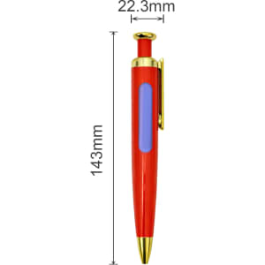 A red rocket-shaped pen with a gold tip and a blue transparent section. It includes a clip for attachment.