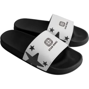 Black PVC slides with a white strap featuring a logo and star design.