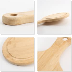 A bamboo wood pizza tray with a smooth surface and a round cutout handle, showcasing natural tones and textures.
