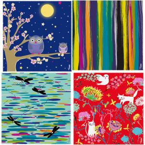 Four colourful microfibre lens cloths feature various designs: owls on a tree, abstract stripes, a water scene, and floral patterns.
