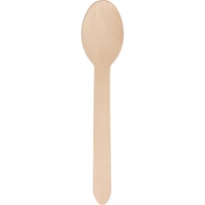 A wooden disposable spoon in a natural light brown colour, featuring a smooth finish and simple design.