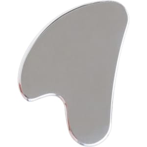 A stainless steel gua sha massage tool in a smooth, curved design reflecting light. The surface is shiny and metallic.