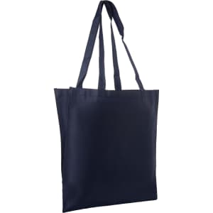 A navy non-woven long handle bag with a V gusset and two handles, featuring a logo.