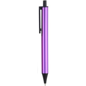 A purple plastic click pen with a black clip and tip, featuring a branding logo.