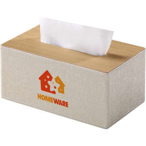 A large tissue box in beige fabric with a wooden lid and a logo on the front.