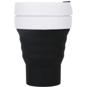 A reusable coffee cup in black and white, featuring a collapsible design and a logo.