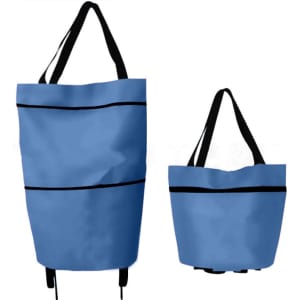 A blue 2 in 1 collapsible shopping trolley bag, displayed in its full size and folded version, with black straps.
