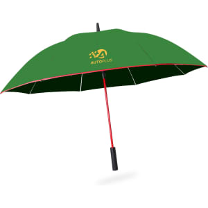 A green umbrella with a red underside and a black handle, featuring a logo.
