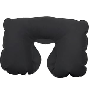 A black inflatable travel pillow with a U-shaped design for neck support. It features a smooth surface and rounded edges.