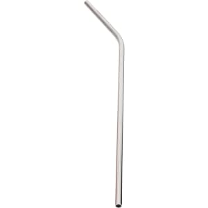 A stainless steel drinking straw, featuring a sleek design with a slight bend, on a plain background.