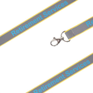 A grey safety lanyard with yellow edges and a metal clip, featuring a logo.