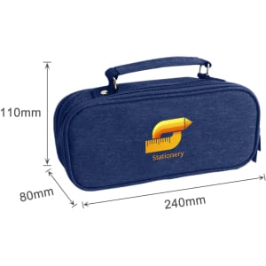 A navy pencil case with compartments and a handle, featuring a logo on the front. Dimensions are 240mm x 110mm x 80mm.