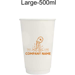 A large, 500ml white disposable double wall paper cup featuring a simple design and a logo.