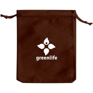 A brown velvet drawstring bag with a logo on the front. The bag features a cinched closure.