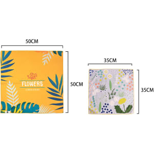 A square cloth featuring a yellow design with foliage and a smaller cloth with a floral pattern, both self-adhesive.