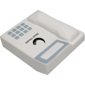 A white telephone-shaped stress reliever with a grey keypad and a logo on the surface.