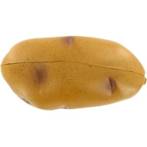 A brown potato-shaped stress reliever with a textured surface, featuring small eyes and a slight sheen.