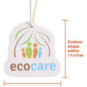 A custom-shaped eco-friendly tag in white with a multicoloured logo, featuring green leaves and people icons.