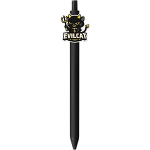 A black acrylic pen featuring a playful evil cat design on the top. The pen has a built-in logo.