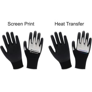 Two pairs of black insulating gloves displayed side by side, featuring different designs on the palms. One pair has screen print, the other has heat transfer.