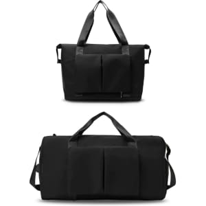 A foldable sports duffle bag in black, featuring two front pockets and adjustable straps. It has a logo on the side.